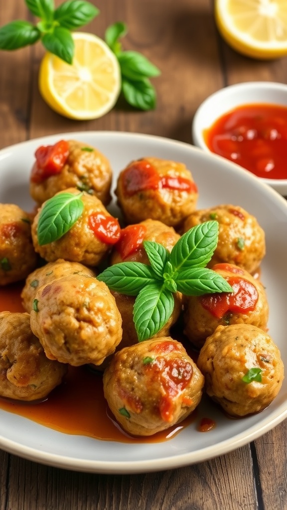 Golden turkey meatballs with lemon and basil, served with marinara sauce on a rustic plate.